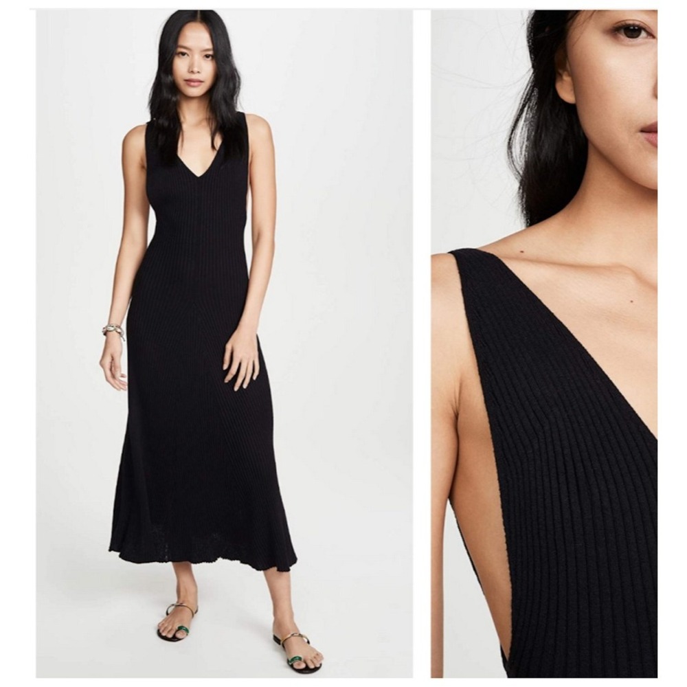 Free People Sweet as Honey Black Ribbed Knit V-Neck Sleeveless Midi Dress  Sz L